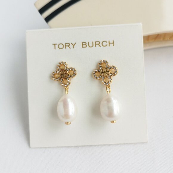 Tory Burch Kira Clover Gold Pearl Drop Earrings - Picture 1 of 4